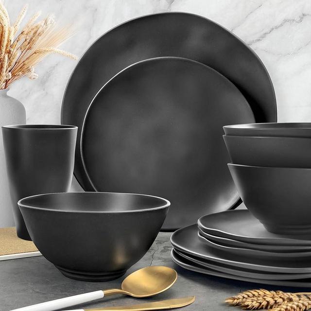 Peurif 32-Piece Thick Irregular Plastic Wheat Straw Dinnerware Set, Durable Kitchen Plates and Bowls Set for 8, Dinner Plates, Dessert Plates, Bowls & Cups, Unbreakable Outdoor Camping Dishes, Black