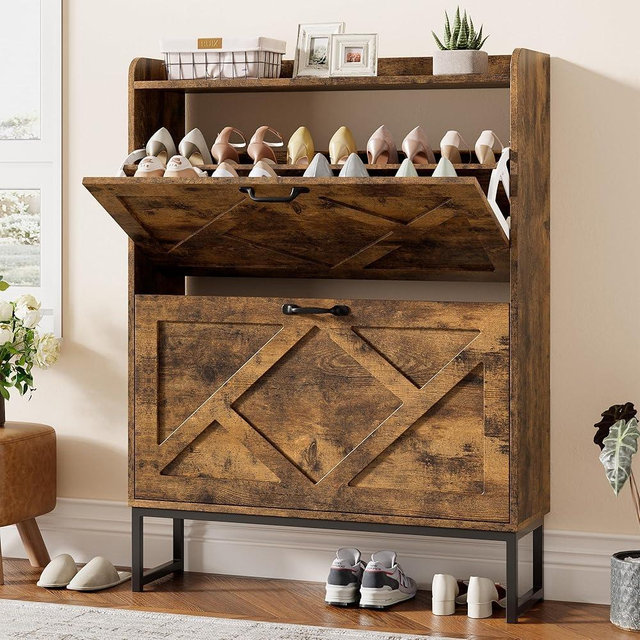 Nicetree Shoe Cabinet with 2 Flip Drawers, Freestanding Shoe Organizer with Metal Legs, Narrow Shoe Rack Cabinet, Farmhouse Slim Shoe Storage Cabinet for Entryway, Foyer, Hallway, Rustic Brown