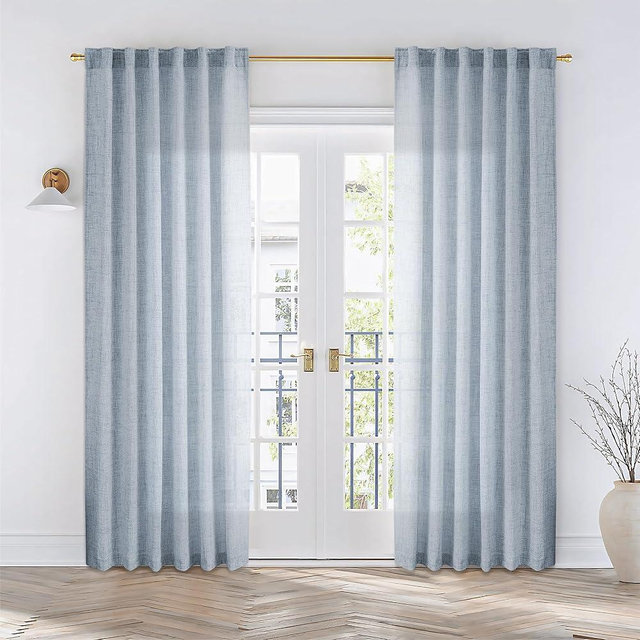 Dusty Blue Linen Curtains 84 Inches Long for Living Room 2 Panels Set Back Tab Farmhouse Boho Light Filtering Semi Sheer Stone Blue Curtains Grey Blue Drapes for Bedroom Vintage Country Decor