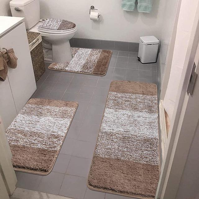 Bsmathom Bathroom Rugs Sets 4 Piece with Toilet Lid Cover, Non-Slip Bathroom Rugs and Mats Sets, Absorbent Bath Rugs for Bathroom Microfiber Shaggy Machine Washable Bath Rug Set, Coffee