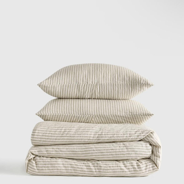 European Linen Stripe Duvet Cover Set - Willowleaf/White Stripe, Full/Queen