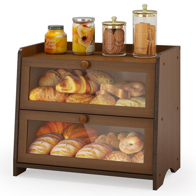 JANSNIMEN Vintage Double Layer Bread Box for Kitchen Countertop, Large Breadbox Bread Buddy with Acrylic Door, Wooden Farmhouse Bread Holder (Brown)