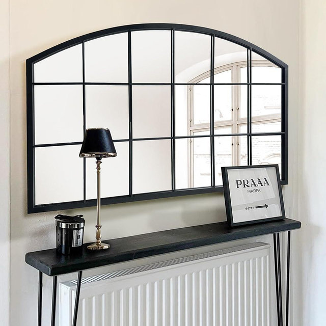 WAMIRRO Black Grid Wall Mirror,Wide Window Pane Black Mirror,Farmhouse Arched Wall Mirror,Mantel Mirror for Fireplace/Entryway/Hallway/Living Room,44“X28”