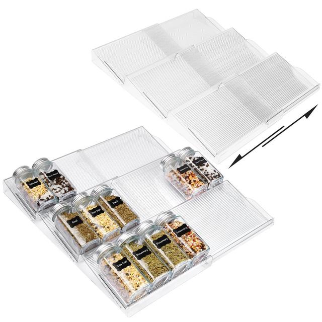 Vtopmart Spice Drawer Organizer, 2 Pack Plastic Spice Rack Organizer Expandable From 13" to 26" for Drawer Cabinet, Expandable 3 Tier Seasoning Organizer Insert for Drawer Organization and Storage