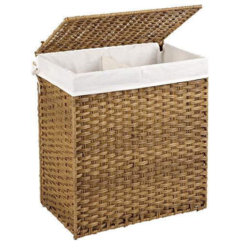 SONGMICS Handwoven Laundry Basket with Lid, 110L Synthetic Rattan Divided Clothes Hamper with Handles, Foldable, 2 Sections Removable Liner Bag, Stable Iron Frame, Natural ULCB52NL