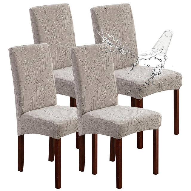 Genina 100% Waterproof Chair Covers for Dining Room Set of 4, Stretch Parson Chair Slipcovers for Kitchen Chairs, Washable Chair Protectors, Leaves-Warm Gray
