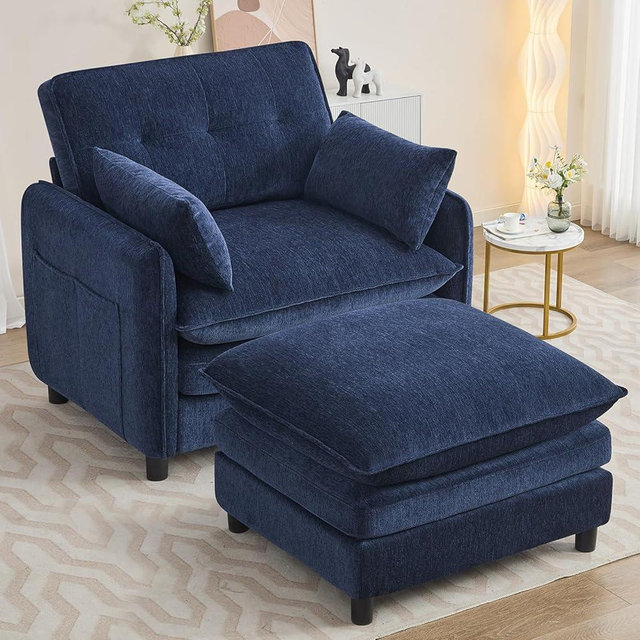 AEMEIOS Chenille Oversized Accent Chair with Ottoman, 63" D Oversized Chair and Ottoman with Double Pocket, Reading Armchair with Extra Wide Armrests for Living Room, Reception Room, Blue
