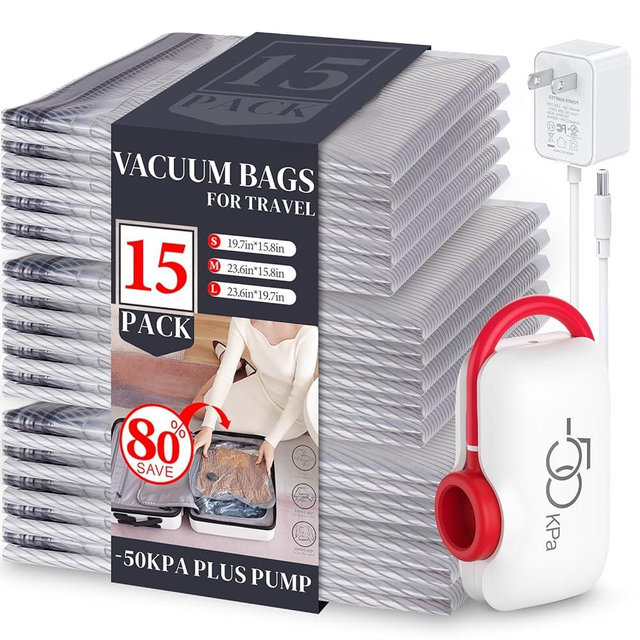 VMstr 15 Pack Travel Vacuum Storage Bags With High Pressure Electric Pump(D/C Power), Compression Sealing for Clothes and Clothing Luggage Suitcase Packing, Carry-on Travel Size