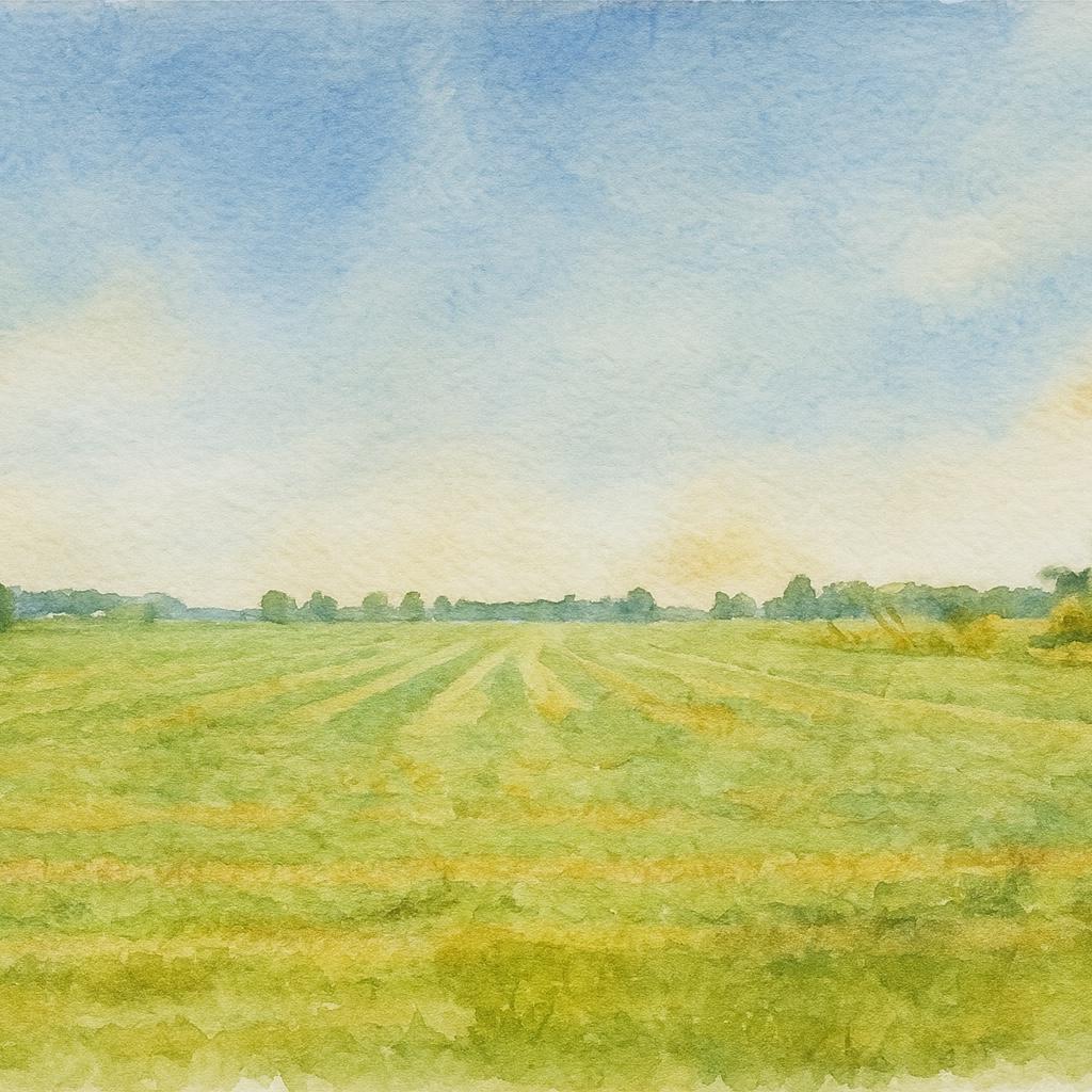 Watercolor painting of the Kinley hayfield, the beautiful setting of our wedding reception.