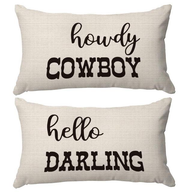 PUHEI Hello Darling Howdy Cowboy Western Throw Pillow Cover,Cowboy Cowgirl Teen Girls Boys Gifts,Couples Valentine's Day Gift,Funny Couple Pillow Case 12 x 20 Inch Home Sofa Bed Decor Set of 2