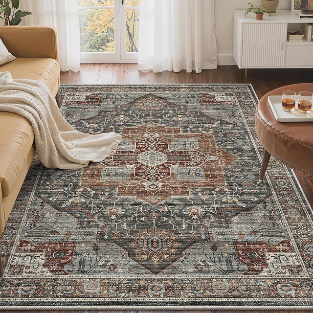 Roxstand 3x5 Area Rug - Washable Kitchen Rugs Non Slip,Soft Low Pile Small Rug for Entryway, Stain Resistant Vintage Area Rugs for Home Decor(Grey/Brown/Tan, 3'x5')