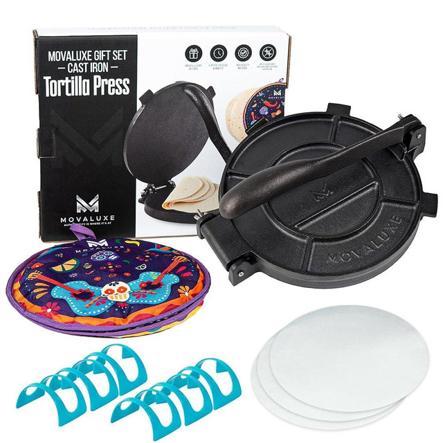 Movaluxe Set of Tortilla Press 10 Inch, Tortilla Warmer, Tortilla Holder, Parchment Paper - Cast Iron Tortilla Maker, Tortilla Warmer Pouch, Taco Holders, Parchment Paper Sheets. Gift Idea. Tortilla Presses
