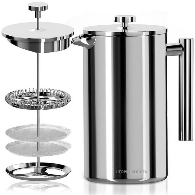 Utopia Kitchen French Press Coffee Maker, Double Wall Insulated Stainless Steel Coffee Press with 4-Level Filtration system, Includes 2 Extra Filters, Rust-Free, Dishwasher Safe (Silver, 17 Ounce)