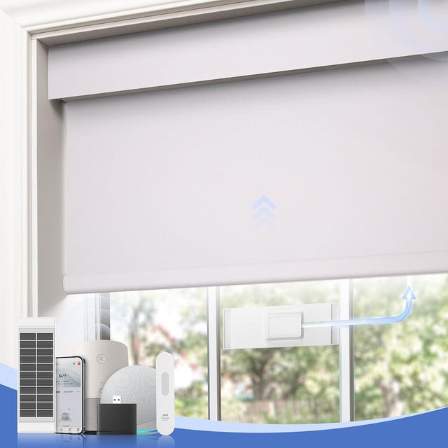 Motorized Blinds with Remote,100% Blackout Smart Roller Blinds,Rechargeable Roller Shades【Solar Panel Included】 Wireless Electric Cordless Blinds with Cover Compatible with Alexa White 48 * 72