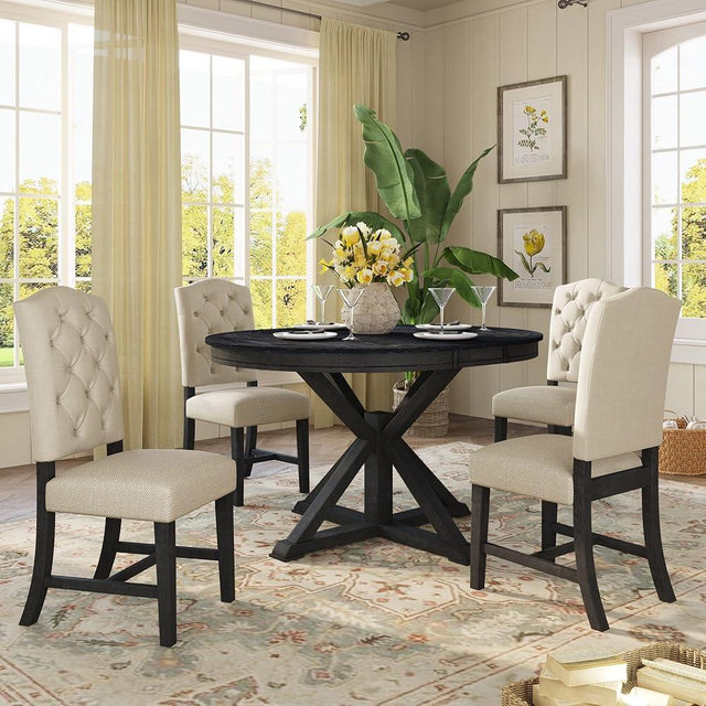 LUMISOL Round Solid Wood Dining Table Set for 4, 5-Piece Extendable Kitchen Table Set with 4 Upholstered Chairs for Kitchen, Dining Room, Small Space, Espresso+Dark Beige