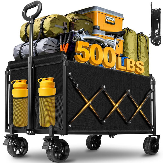 Collapsible Wagons Carts Foldable Wagon, 500LBS Collapsible Wagon Cart Foldable with Wheels & Brakes, Large Heavy Duty Folding Wagon Cart Utility for Camping, Picnic, Beach, Grocery, Sport, Shopping