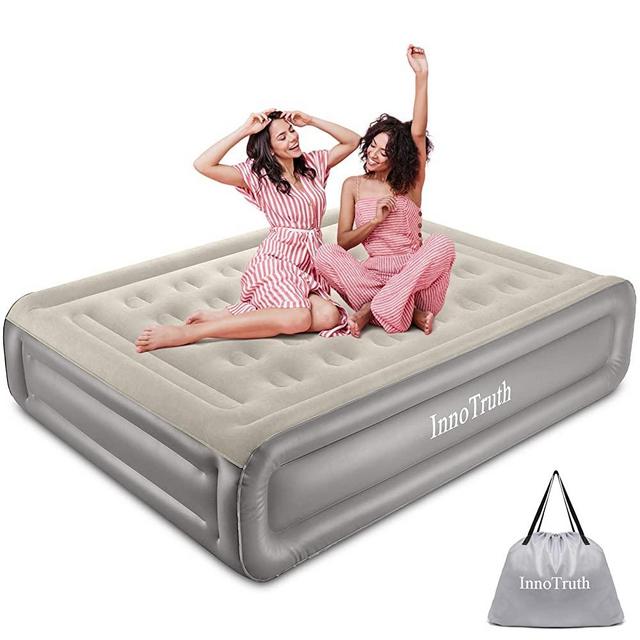 InnoTruth Raised Air Mattress with Built-in Pump ,18in Elevated Inflatable Mattress with Carrying Bag for Home and Camping, Twin & Queen Size Blow Up Bed，Black & Gray