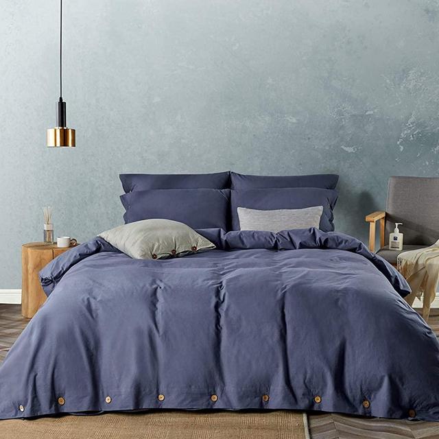 JELLYMONI Denim Blue 100% Washed Cotton Duvet Cover Set, 3 Pieces Luxury Soft Bedding Set with Buttons Closure. Solid Color Pattern Duvet Cover King Size(No Comforter)