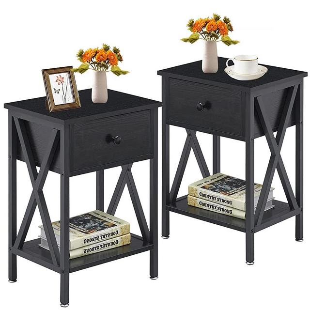 VECELO Nightstand Modern Side End Sofa Table Night Stand with Bin Drawer for Living Room Bedroom, Industrial Metal Frame, Set of 2, Black