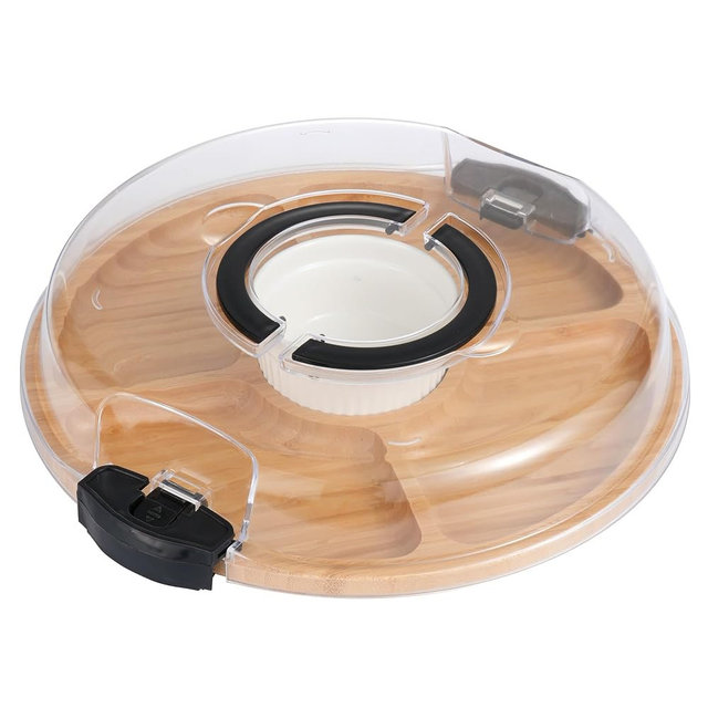 YANG Charcuterie Board with Lid, Divided Bamboo Serving Tray with Handle & Locking Lid, Portable Serving Platter for Party Outdoor Picnics Camping Gift Ready (5 Compartments,Round)