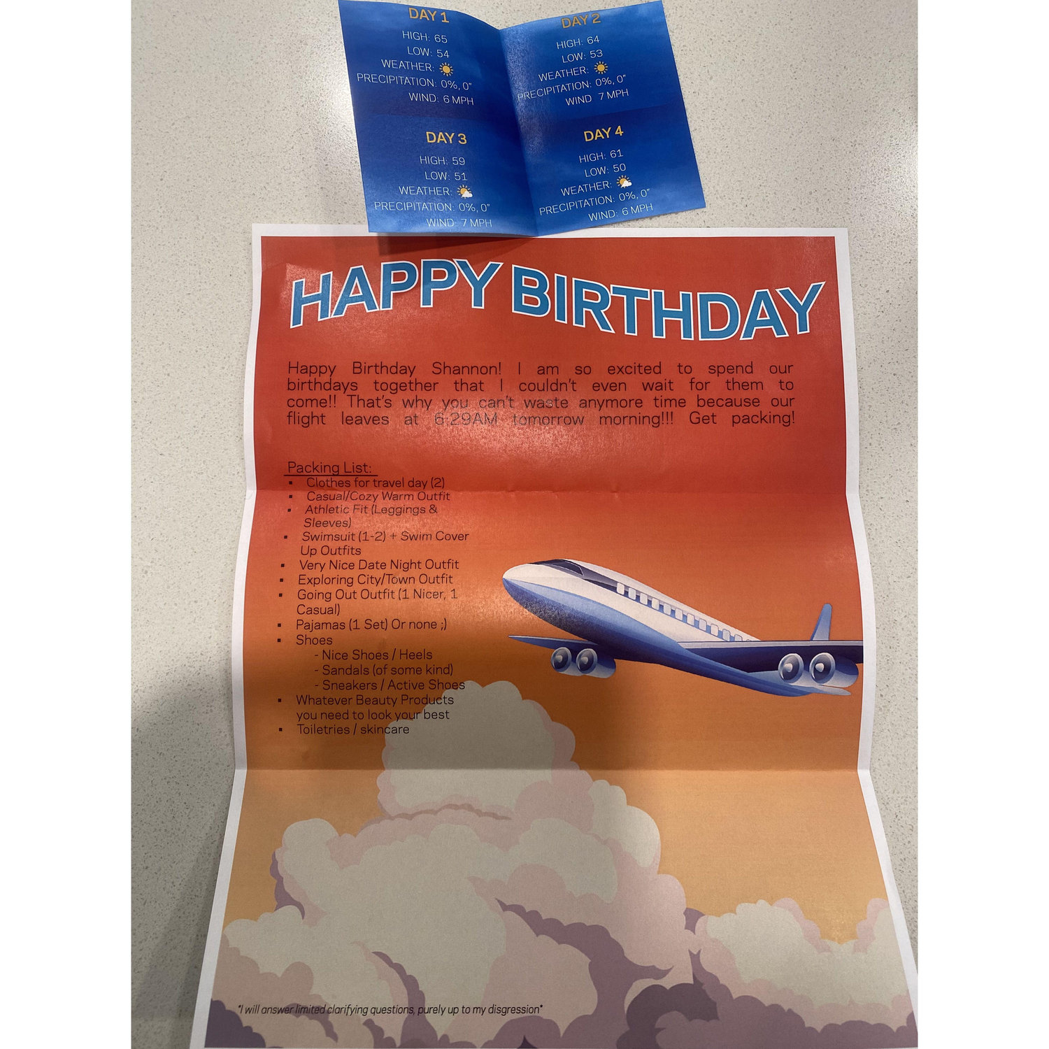 The Fake Surprise Birthday Trip Letter & Packing list for the Proposal