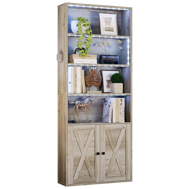IRONCK Tall Bookcase with LED Lights, 70 in Industrial Bookshelf Display Shelf Floor Standing for Home Office, Living Room, Bed Room