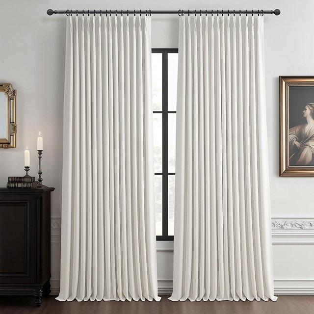 Beige White 70 Inch Extra Wide Blackout Curtains 84 Inch Long 2 Panels Set for Living Room, Modern Memory Trained Pinch Pleated Linen Drape Room Darkening Insulated Window Curtain Ivory 70"x84" Length