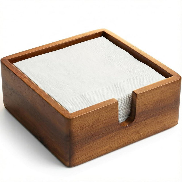 Acacia Cocktail Paper Napkin Holder Square 5.4x5.4 inches, Wood Flat Napkin Tray, Cocktail Napkin Caddy For Kitchen Décor, Restaurant Countertop Bar Accessories
