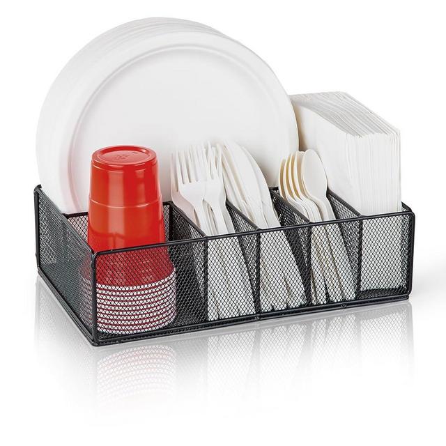 Paper Plate Organizer for Countertop, Metal Silverware Caddy with 6 Compartments for Plate, Cup, Fork, Knives, Spoon, Napkin, Paper Plate and Utensil Holder Caddy for Party, Camping, Picnic (Black)