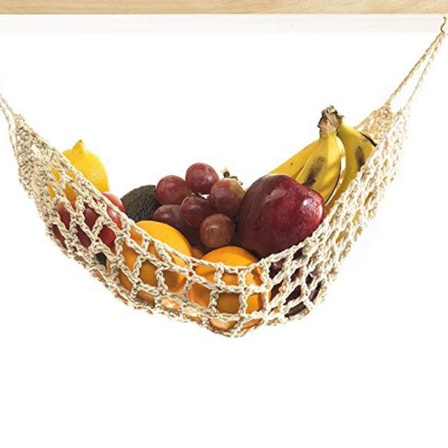 Hanging Fruit Hammock Under Cabinet - Handwoven Cotton Veggie or Banana Hammock to Hang on Furniture Handles - Kitchen Storage That Saves Counter Space at Home, Boat, Camper, or Rv