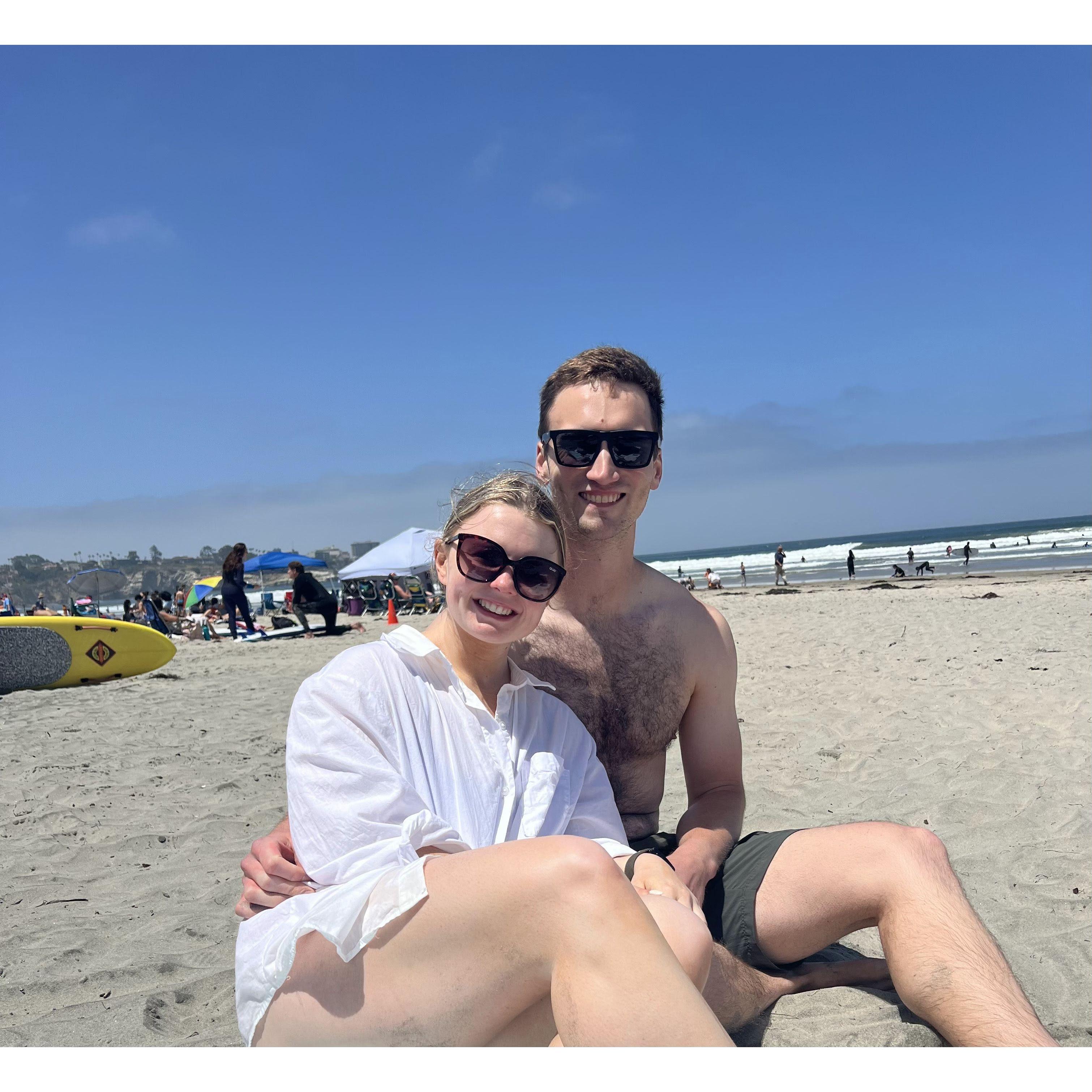 Beach day in San Diego. Jonah had too much fun in the sun and his back sunburn showed it.
