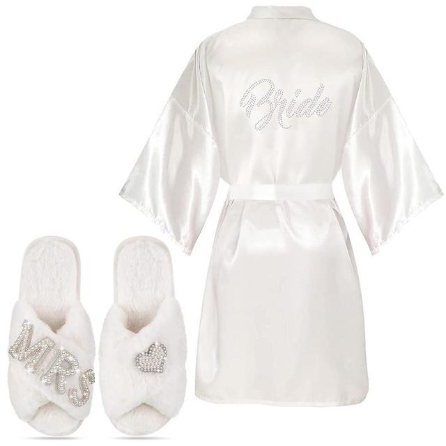 Mepase 2 Pcs Bride Gifts Bride Robe with Slippers Satin Rhinestone Wedding Day Robe Slippers for Women Bridal Proposal Party