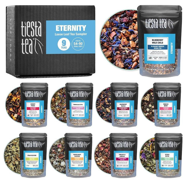 Tiesta Tea - Eternity Sampler Dry Flight Set, Mother's Day Loose Leaf, High to No Caffeine, Makes Hot & Iced, Assorted Tea Sets with Herbal, White, Fruit Blends & More, 9 Resealable Sample Pouches