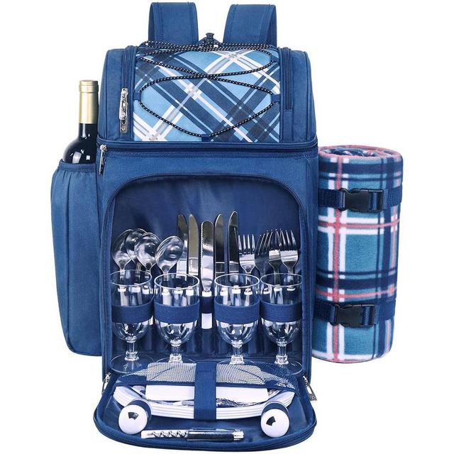 Picnic Basket Backpack For 4 Person With Insulated Leak Proof Cooler Compartment,Wine Holder,Fleece Blanket,Cutlery Set,Perfect For Beach Camping Party,Gifts For Boys Girls,Blue (36079-Bl)