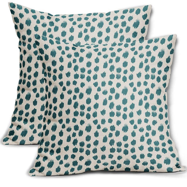 Teal Cream Pillow Covers 18x18 Set of 2 Boho Design Polka Dot Throw Pillows Modern Brush Strokes Print Decorative Outdoor Pillowcase Square Cushion Cover Linen Pillow Case for Home Sofa Couch Bed
