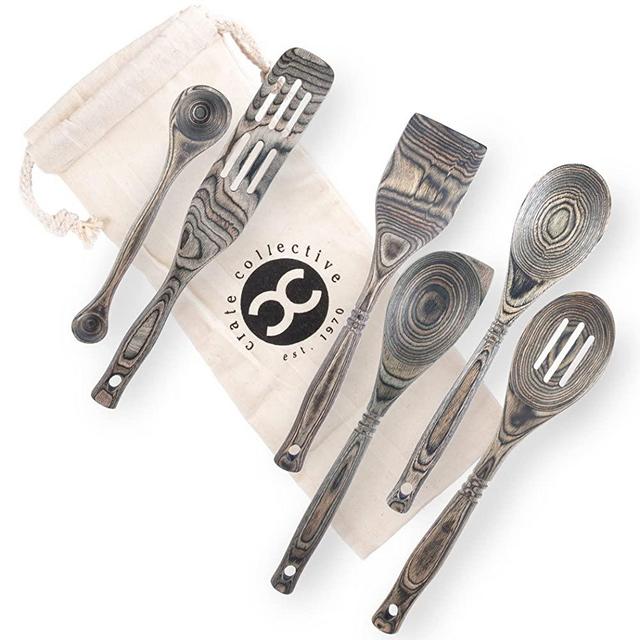 Crate Collective Pakkawood Kitchen Utensil Set - 6 Piece Cookware Set with Wooden Measuring Spoons, Spatulas, Spoon, Spurtle - Non Stick, Eco Friendly, Exotic Cooking Utensils for Kitchen & Gifts
