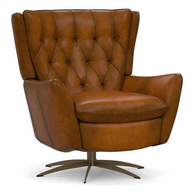 Wells Leather Swivel Recliner with Brass Base, Polyester Wrapped Cushions, Burnished Bourbon