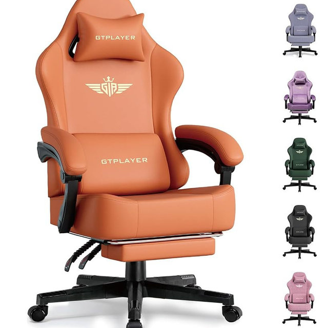 GTPLAYER Gaming Chair with Pocket Spring Cushion, Big and Tall Gamings Chairs 350LBS High Back Computer Chair with Footrest for Adults Lumbar Support Swivel Game Chair for Office, Leather Orange