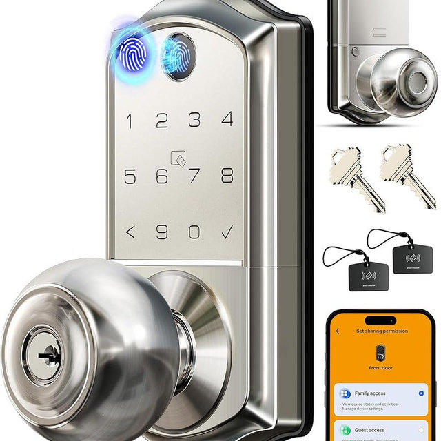 Veise VE018 Smart Knob Handle Lock - Fingerprint, App Control, Keyless Entry for Front Door and Bedroom, Electronic Digital Keypad, Auto Lock, Remote Access Sharing, IP55 Weatherproof, Satin Nickel