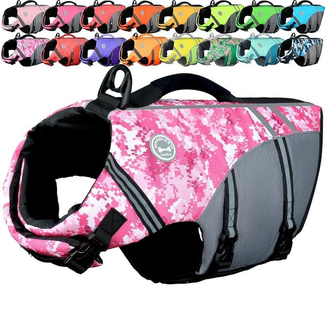 VIVAGLORY Sports Style Dog Life Vest, Dog Life Jacket for Swimming & Boating, Ripstop & Buoyancy for Puppy Doggy, Lifejacket with Handle, L, Camo Pink