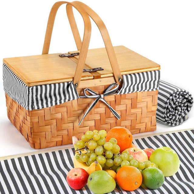 Blushtier Picnic Basket with Blankets Kit, Handwoven Natural Woodchip Basket with Lid Handle and Extra Large Foldable Waterproof Picnic Mat for Outdoor Camping Beach Grass Party Hiking Travel (Black)