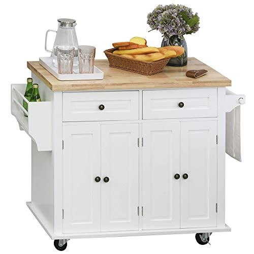 HOMCOM Rolling Kitchen Island Cart with Rubber Wood Top, Spice Rack, Towel Rack & Drawers for Dining Room, White