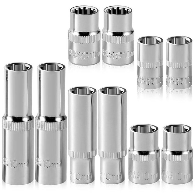 [10-Piece] 10mm Socket Set, 1/4-Inch & 3/8-Inch Drive Impact Socket, 6-Point & 12-Point, Deep and Shallow, Mirror Chrome Finish