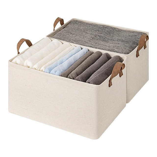 StorageWorks Storage Bins, Shelves Baskets for Organizing, 45L Extra Large Fabric Closet Organizers with Handles, Metal Frame, Beige（Cotton-linen）, 2-Pack