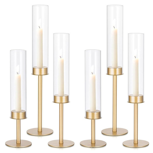 Candlestick Candle Holder Gold Hurricane: Candeldo Taper Candle Holders for Wedding Glass Table Centerpiece for Dining Tables Set of 3 Tall Christmas Candles Stand