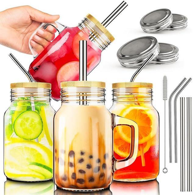 Sips Jar Club Set of 4 Glass Mason Jar with Handle - 20oz Mason Jars with Lids and Straws + Cleaning Brush - Mason Jar Drinking Glasses for Overnight Oats & Mason Jar Cup for Iced Coffee, Boba & More