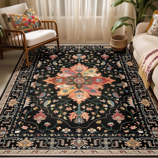RELEANY Area Rugs 5'x7' Washable Non-Slip, Floral Vintage Distress Print Pattern Medallion Carpet for Living Room Bedroom Dining Room, Black Colorful Floral Dark Tan