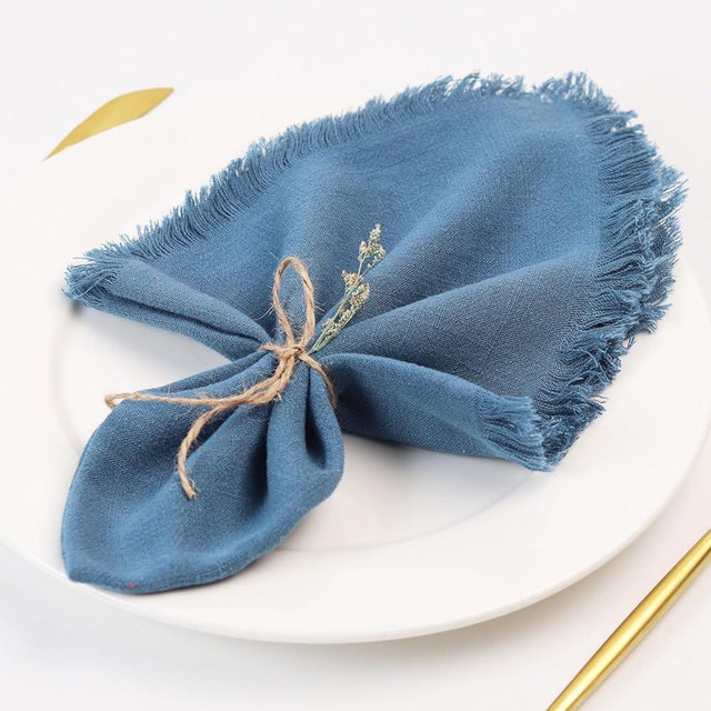 Dololoo Handmade Cloth Napkins with Fringe,18 x 18 Inches Cotton Linen Napkins Set of 4 Versatile Handmade Square Rustic Fringe Napkins for Dinner, Wedding and Parties, Peacock Blue