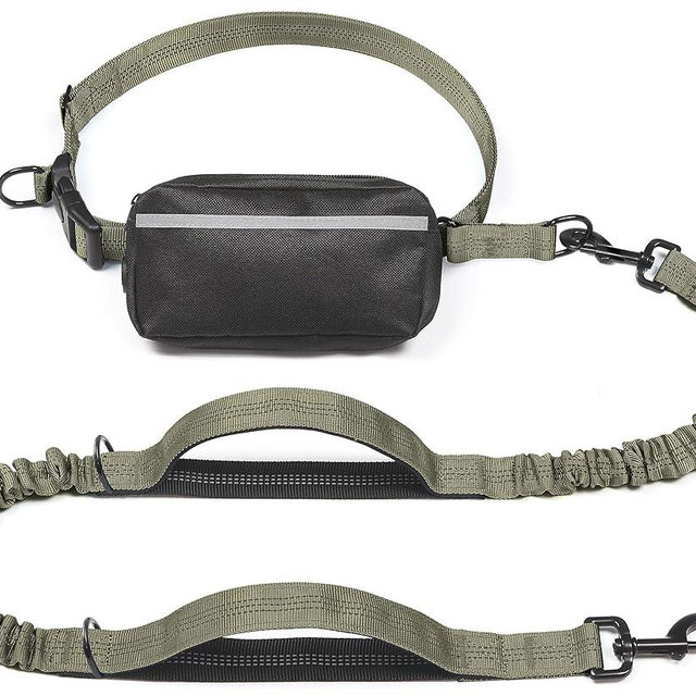 iYoShop Hands Free Dog Leash with Zipper Pouch, Dual Padded Handles and Durable Bungee for Walking, Jogging and Running Your Dog (Large, 25-120 lbs, Military Green)