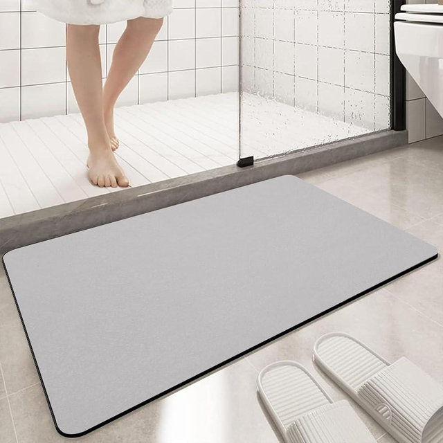Diatomaceous earth bath mat Rubber Non Slip Super Absorbent Bath Mat Quick Dry Bathroom Rugs Thin Bathroom Floor Mats Fit Under Door- Shower Rug for in Front of Bathtub Shower, Gray, 15.7"*31.4"
